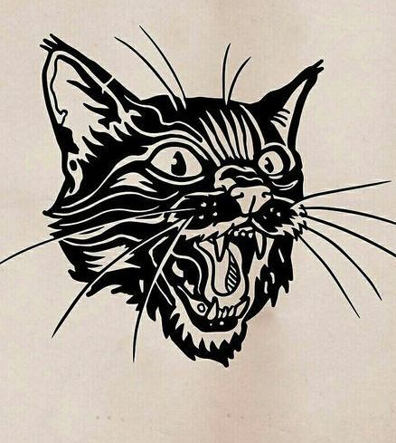 a black and white drawing of a cat's face with its mouth wide open