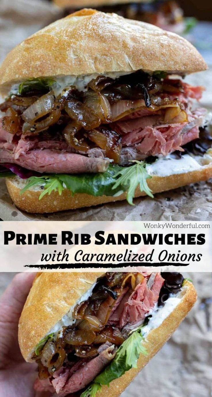 a close up of a sandwich with meat and onions on it, in front of the words prime rib sandwiches with caramelized onions