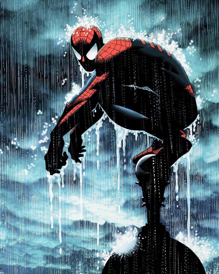 a painting of a spider man standing in the rain