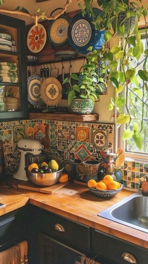 a kitchen counter topped with lots of plates and bowls