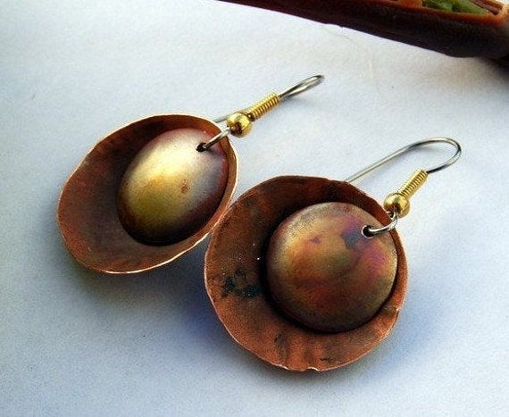 "Dangle Copper Earrings - Hammered Copper color Patina on Light weight Concave and Convex circles come together with a great patina. Gift for Mom or Sister, Fun and Casual and great with Jeans and t-shirt. Larger discs are 1\" across and hang from a surgical steel or Sterling silver ear wire. Oxidized to get the patina and light as a feather. I Can put sterling wires on these. 1 1/2\" long Casual fun earrings for him or her. Thanks" Soldered Copper Earrings As A Gift, Artsy Nickel-free Copper Earrings, Bronze Artsy Earrings For Gifts, Artsy Bronze Earrings For Gift, Artsy Pierced Copper Earrings, Artsy Copper Earrings For Pierced Ears, Artsy Copper Dangle Earrings, Unique Soldered Drop Earrings, Brown Artsy Earrings