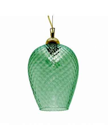 a green glass vase hanging from a hook