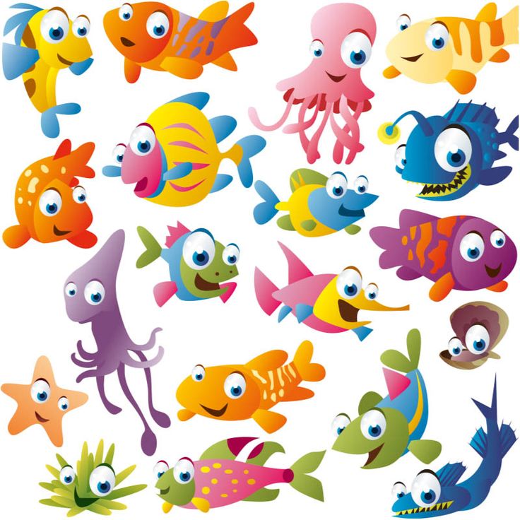 an assortment of cartoon fish with different colors and sizes, all grouped together in the shape of