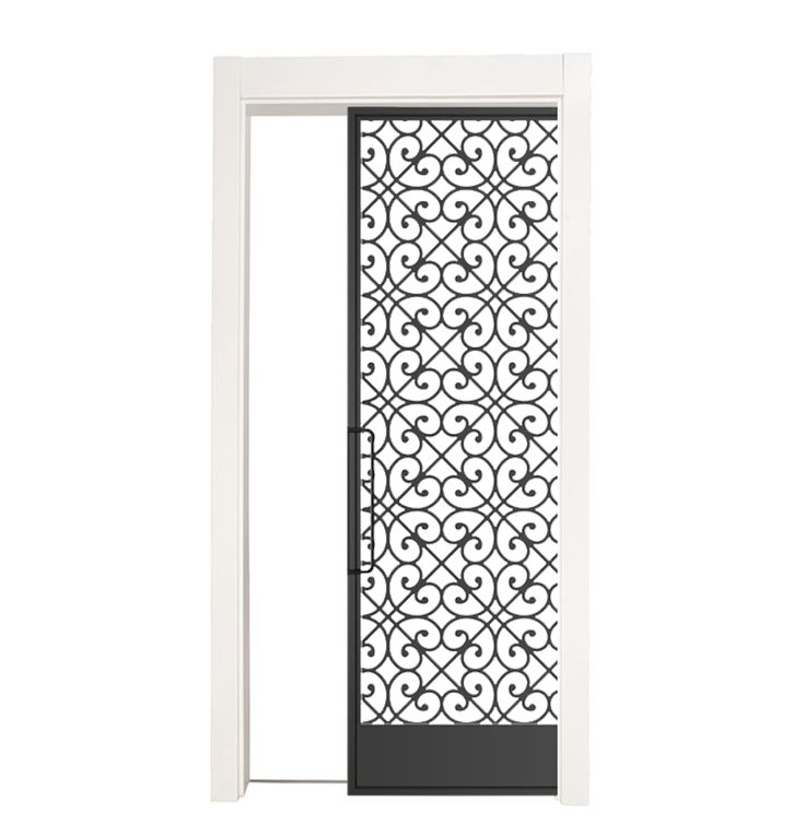 an open white door with intricate ironwork on the glass and side panel, isolated against a white background