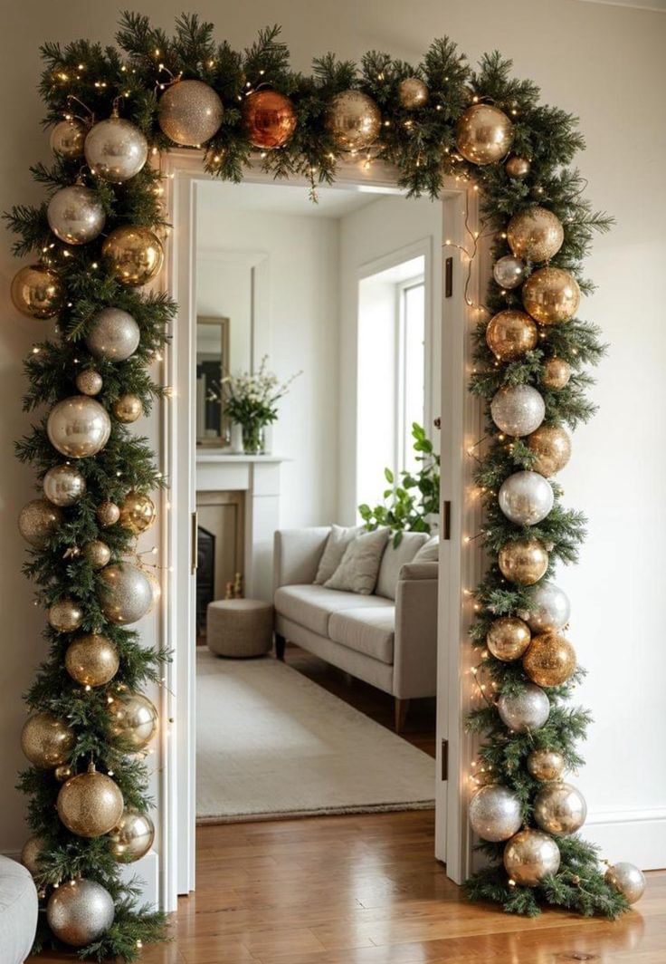 a mirror decorated with gold and silver ornaments in a living room, next to a couch