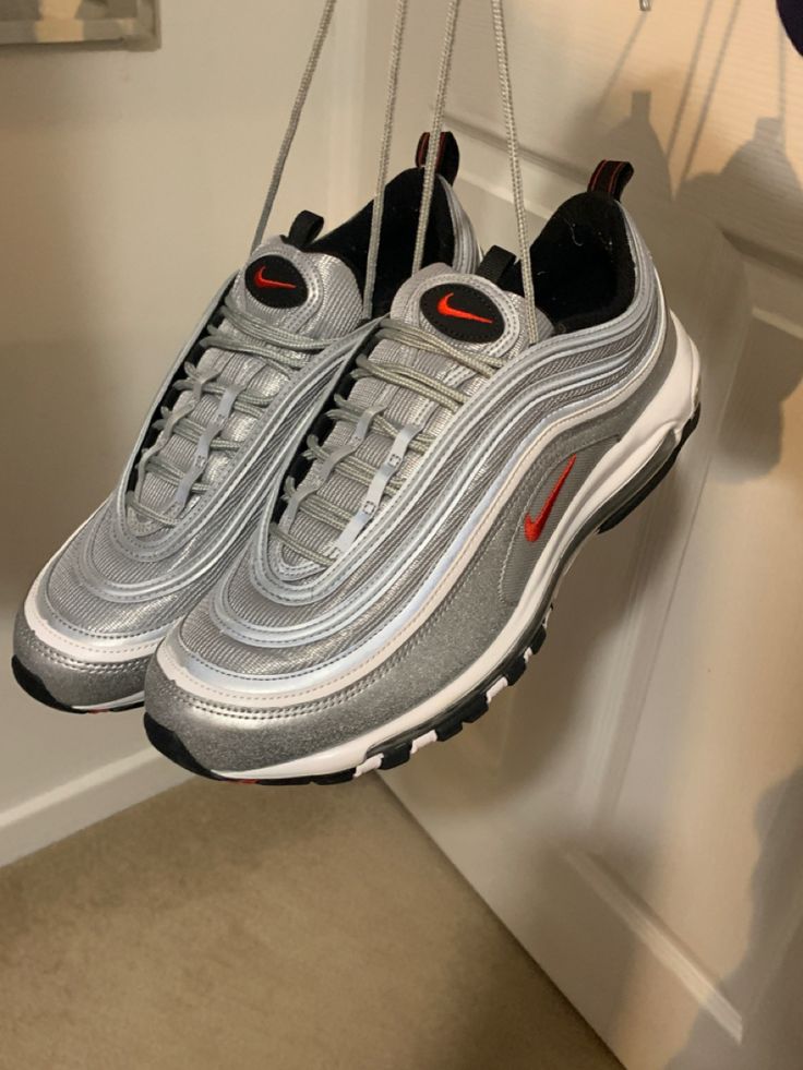 Airmax 97s, Air Max 97 Silver Bullet, Nike 97, Nike Airmax 97, Silver Trainers, Yantai, Nike Air Shoes, Silver Bullet, Streetwear Aesthetic