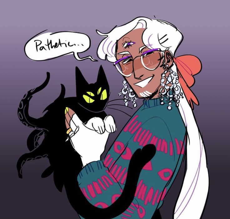 an older woman holding a black cat and saying, i'm not fathom