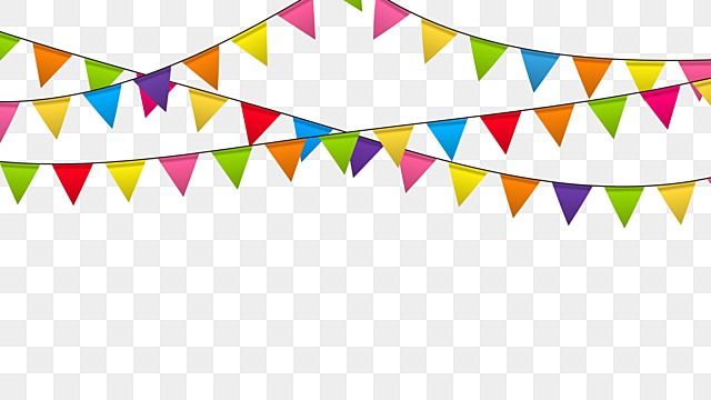 colorful bunting flags hanging from the ceiling on a white background, with no shadow