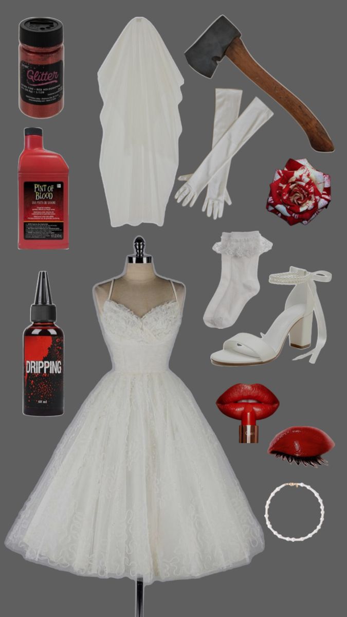 a white dress and accessories are arranged on a mannequin, including shoes, hairbrushes, lipstick, nail polish bottle, gloves, shoelaces