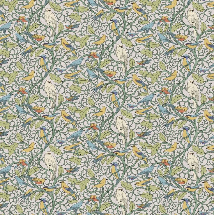 an intricately designed wallpaper with birds and leaves in blue, green, yellow and white