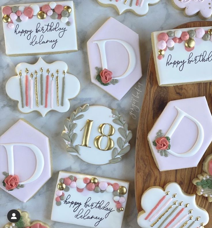 decorated birthday cookies with pink and gold decorations