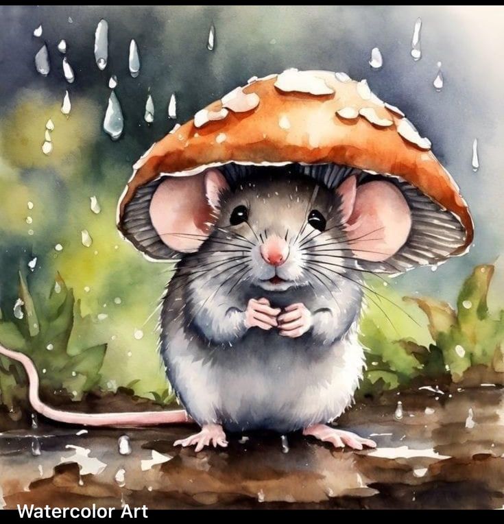 a painting of a mouse in the rain with a mushroom on it's head