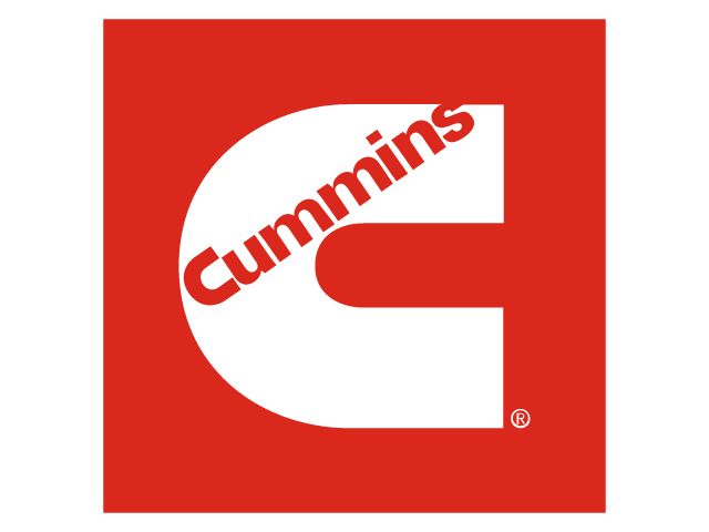 a red and white logo with the letter p in it's center, which reads cumins