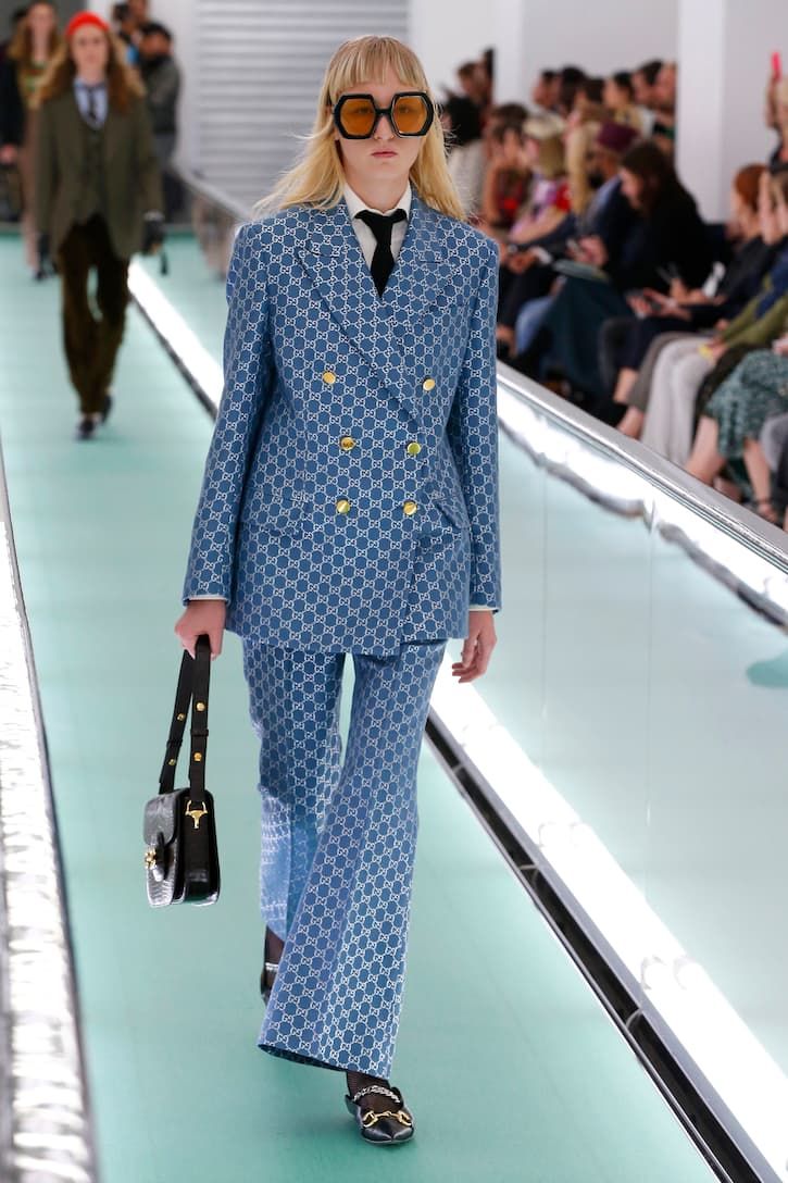 Milan Fashion Week Spring 2020, Gucci Runway, Gucci Suit, Quilted Skirt, Cutout Sweater, Gucci Fashion, Trending Sunglasses, Milan Fashion, Fashion Week Spring