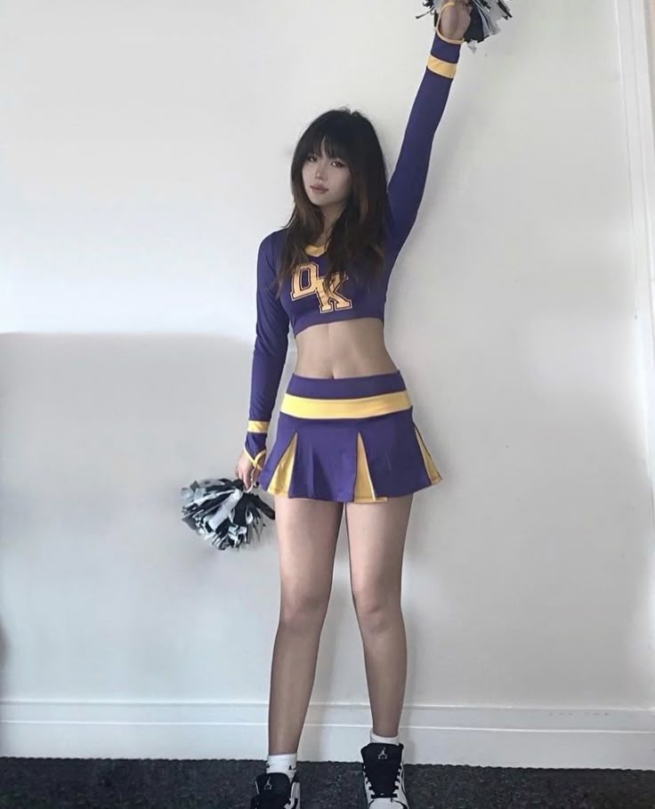 Cheerleader Halloween Costume, Cheer Costumes, Asian Cheerleader, Cute Cheerleaders, Cheerleader Costume, Purple Fits, Cheer Outfits, Jennifer's Body, Cheerleading Outfits