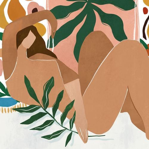 a nude woman laying on the ground surrounded by plants