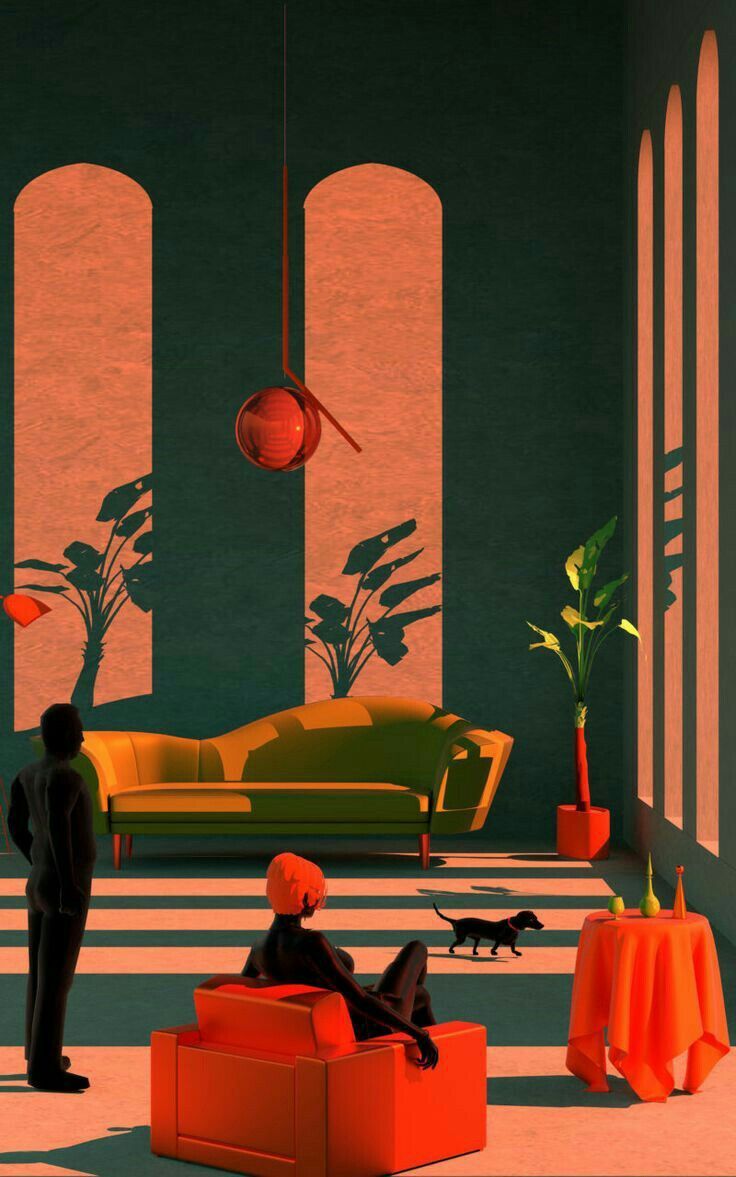 two people sitting on couches in an orange and green room