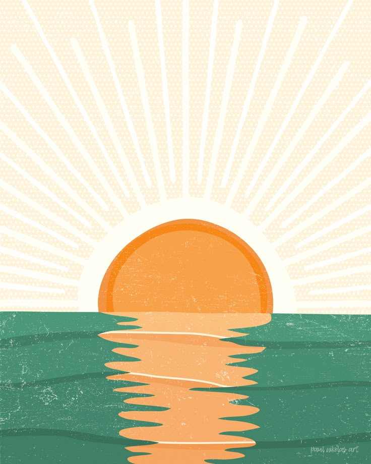 the sun is setting over the ocean with waves in front of it, and an orange ball floating on top of the water