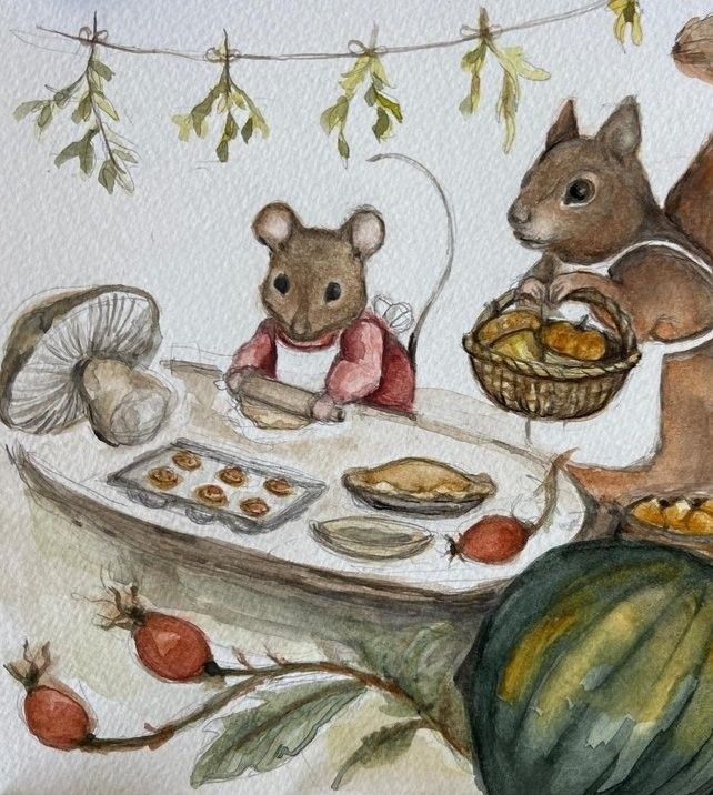 a painting of two mice sitting at a table with food