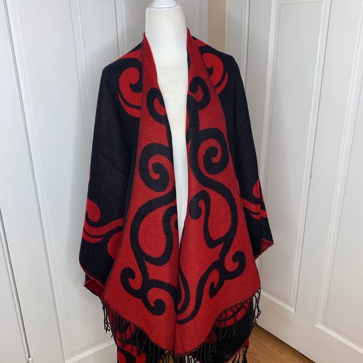 Beautiful Black & Red Poncho One Size Fabric Is 100% Acrylic Red Oversized Poncho For Winter, Oversized Red Poncho For Winter, Red Winter Cape One Size, Red One-size Poncho Cape, Red One-size Cape Poncho, Red One Size Cape Poncho, Red Shawl Cape For Fall, Fall Red Shawl Cape, Black Poncho With Scarf, One Size