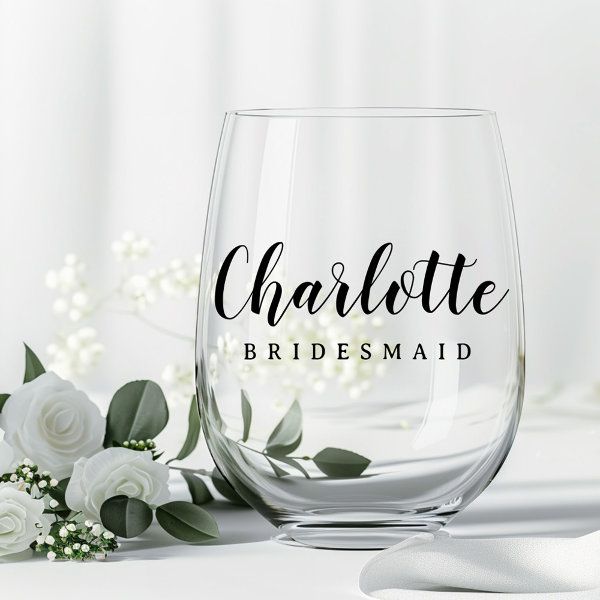 a wine glass with the word charlotte bridesmaid on it next to white flowers