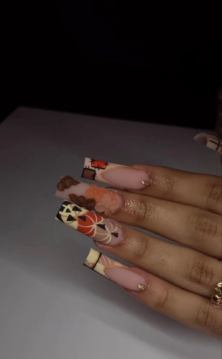 By @glambylez Thanksgiving Nails Pumpkin, Red Pumpkin Nails, Fall Acrylic Nails Black Women, Fall Nails Pumpkins, Pumpkin Patch Nails, Fall Themed Nails Acrylic, Fall Themed Nails Autumn, Fall Nail Art Designs Autumn, Fall Theme Nails