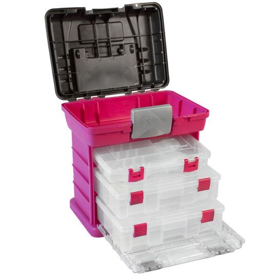 a pink and white plastic storage box