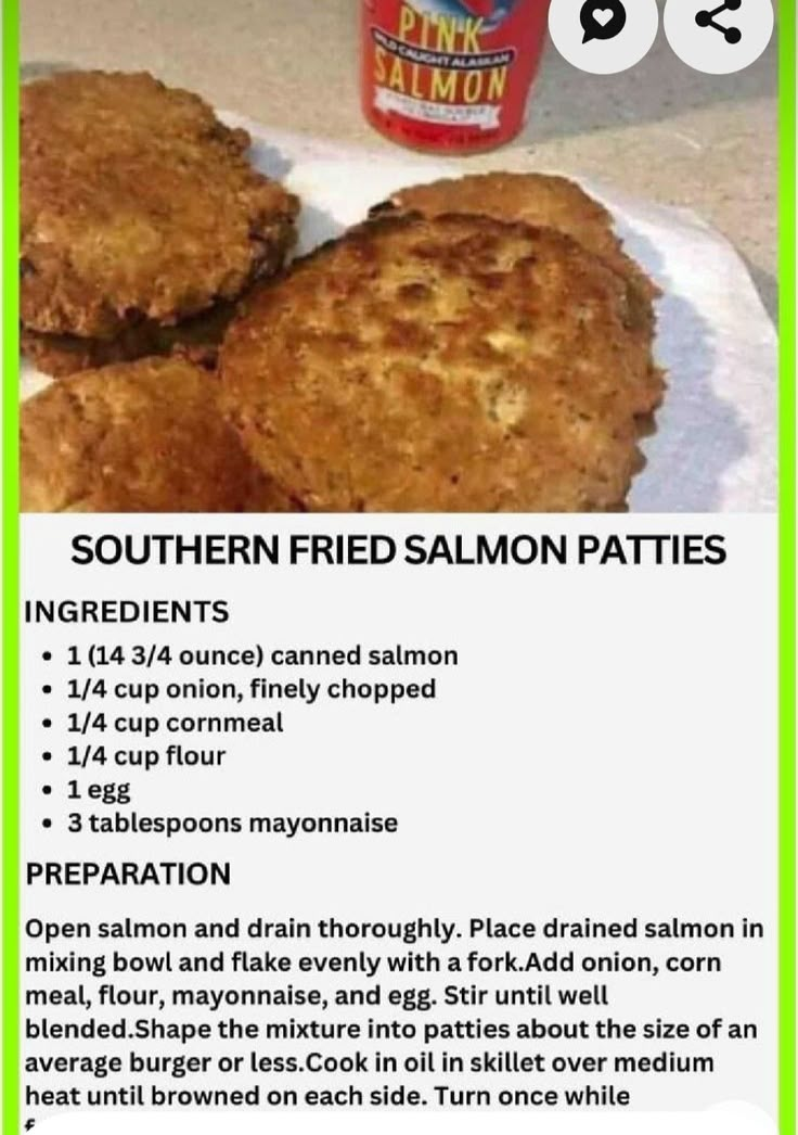 an image of some fried salmon patties on a paper towel with information about it