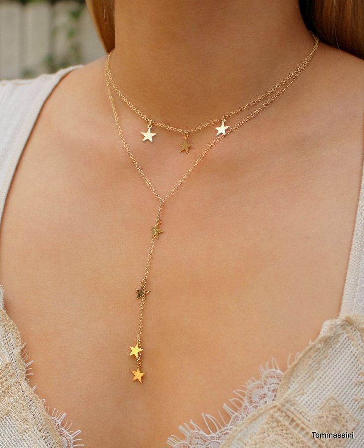 "\" THE STAR Y NECKLACE \" Double layered necklace, Y Necklace, lariat necklace, Double Strand necklace, drop necklace, Layering necklace, A center twist of embossed chains and stars gives alluring style to a delicate chain necklace. The fluid design moves throughout the day, taking on different shapes that further the style's intrigue. L E T S . T A L K . N E C K L A C E S ✤ Available in 14k Gold Filled or Sterling Silver ✤ Model is wearing 14\" x 16\" with a 3.5\" drop down chain (Y) ✤ OPTIONA Gold Lariat Necklace With Star Charm, Lariat Necklace With Star Charm For Gift, Gift Lariat Necklace With Star Charm, Star Charm Layered Necklace As Gift, Star-shaped Layered Necklace Gift, Gift Layered Necklace With Star Charm, Y Necklace Gold, Prom Necklaces, Formal Jewelry