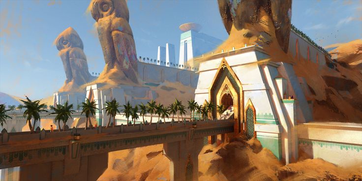 an artistic painting of a futuristic city with palm trees and giant statues in the background