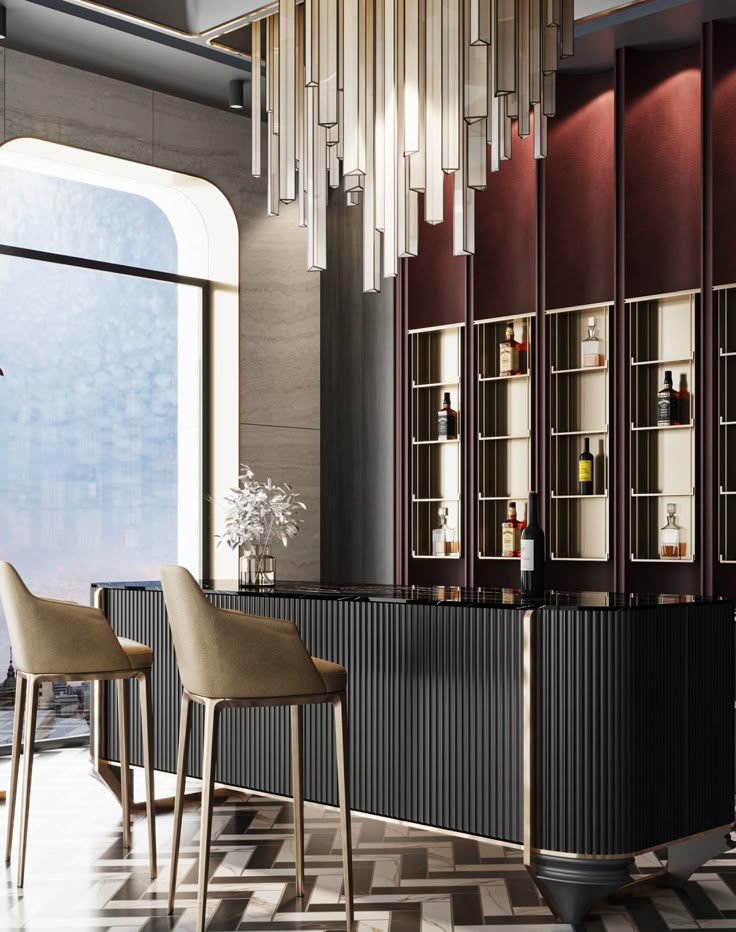 the bar is decorated in black, white and red with modern lighting fixtures hanging from the ceiling