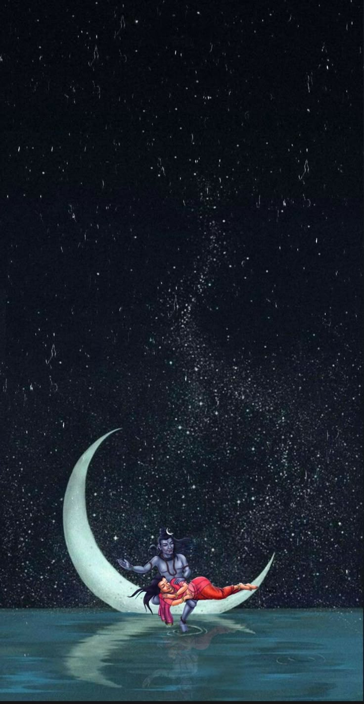 an image of a man sitting on the moon in the water with stars above him