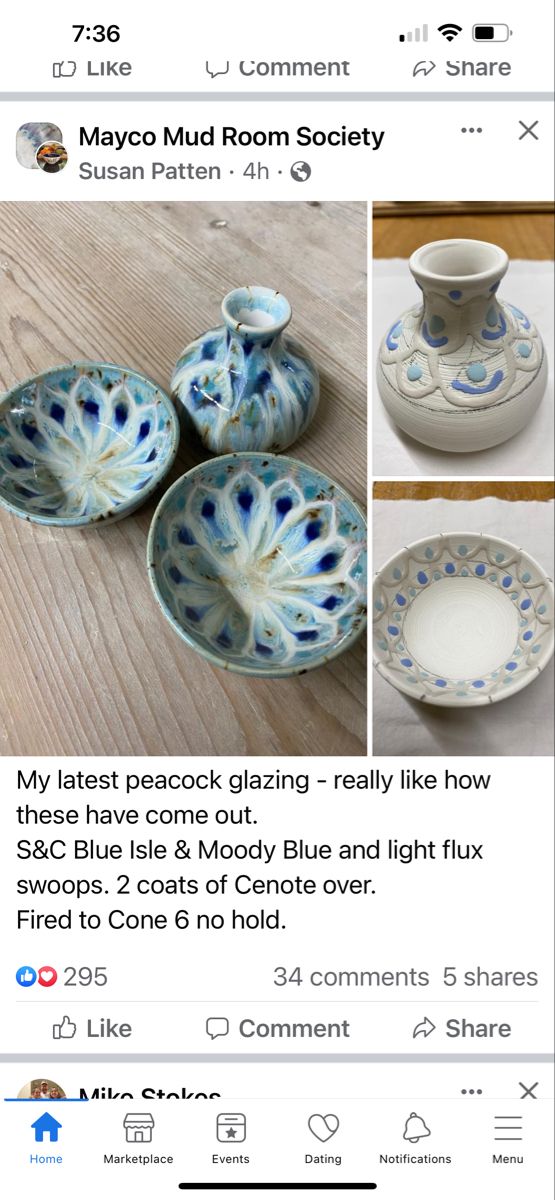 an instagram page with pictures of ceramic bowls and saucers on the left side