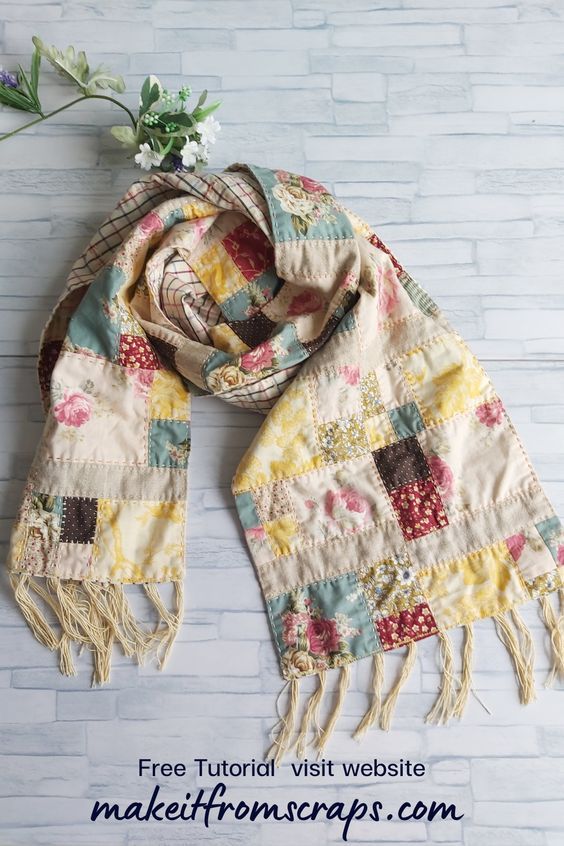 an image of a scarf with flowers on the side and text overlay that reads free pattern visit website make it from scrap com