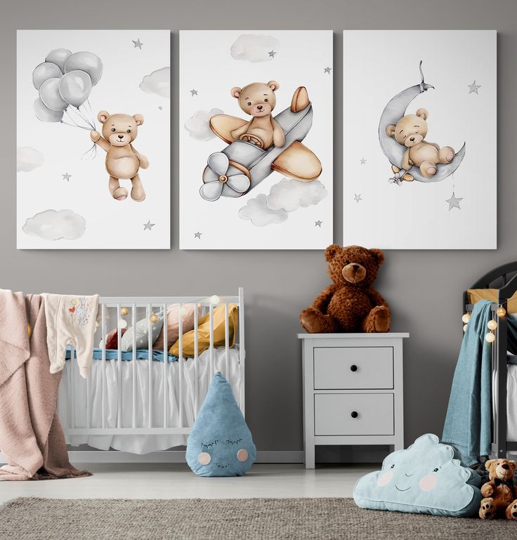 a baby's room with two teddy bears on the moon and one bear in the sky