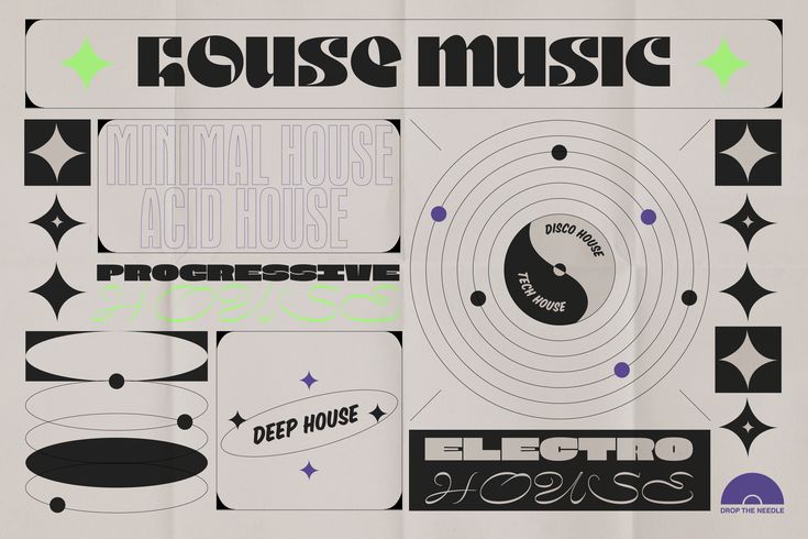 an advertisement for electronic music with various types of logos and designs on the side of it