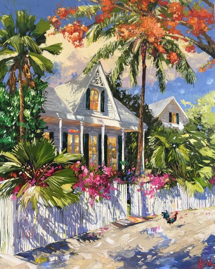 a painting of a white house with palm trees and flowers in front of it,