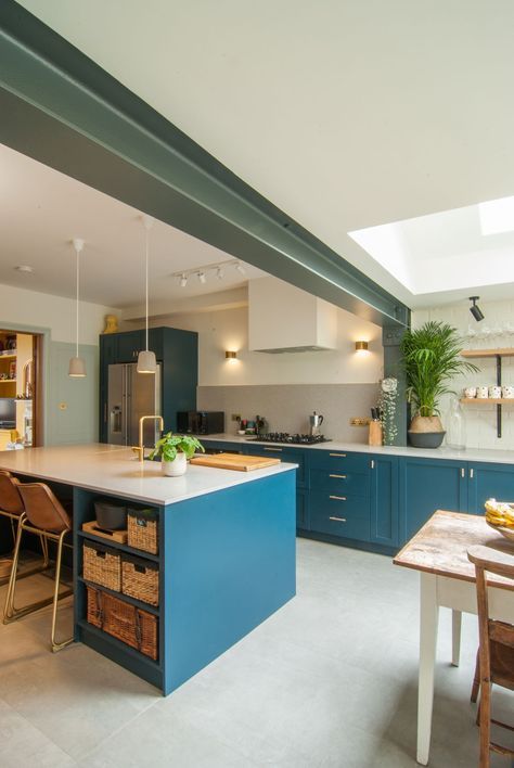 two pictures of the same kitchen and dining room, one is in blue and yellow