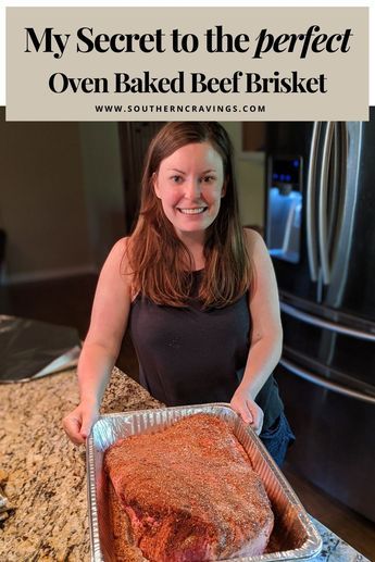 a woman standing in front of a baking pan filled with baked beef and seasoning