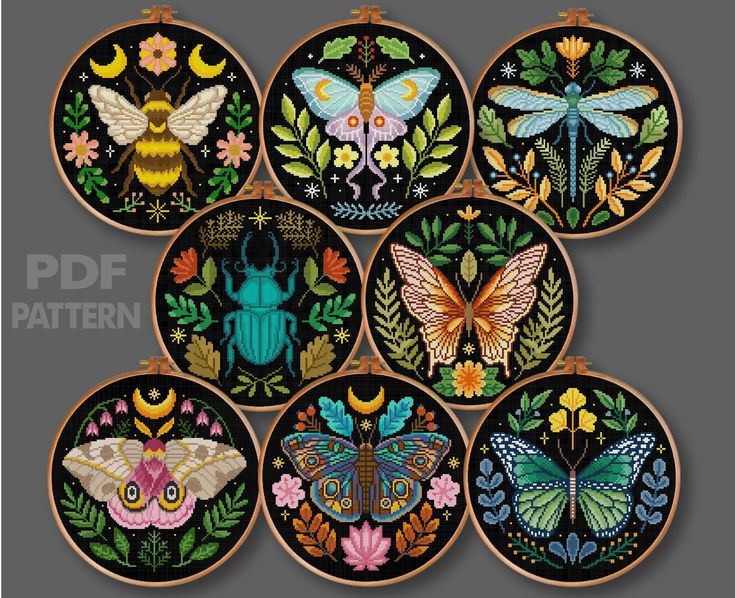 embroidery designs with bugs, moths and flowers are featured in the pattern for this project