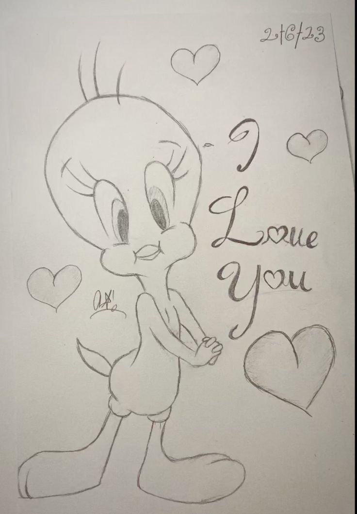 a drawing of a cat with hearts around it and the words i love you written on it