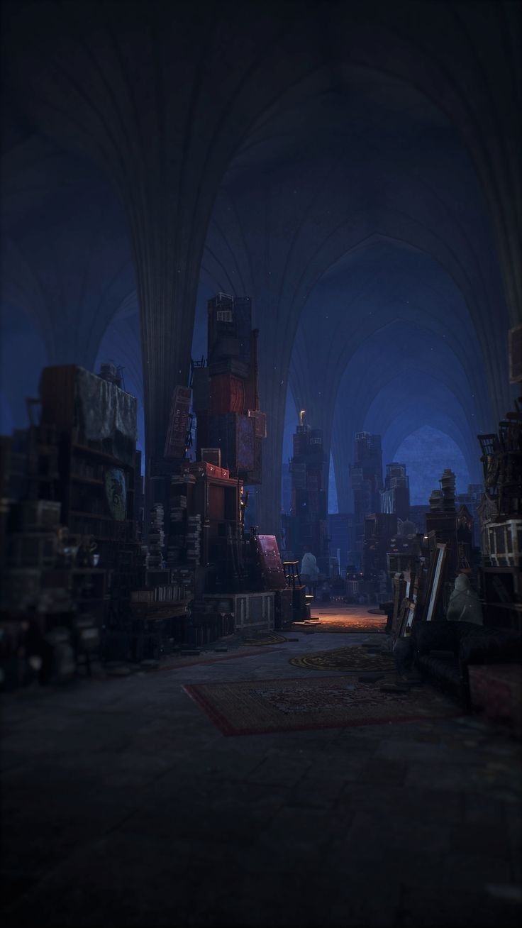 an image of a city at night with lots of lights and dark furniture on the floor