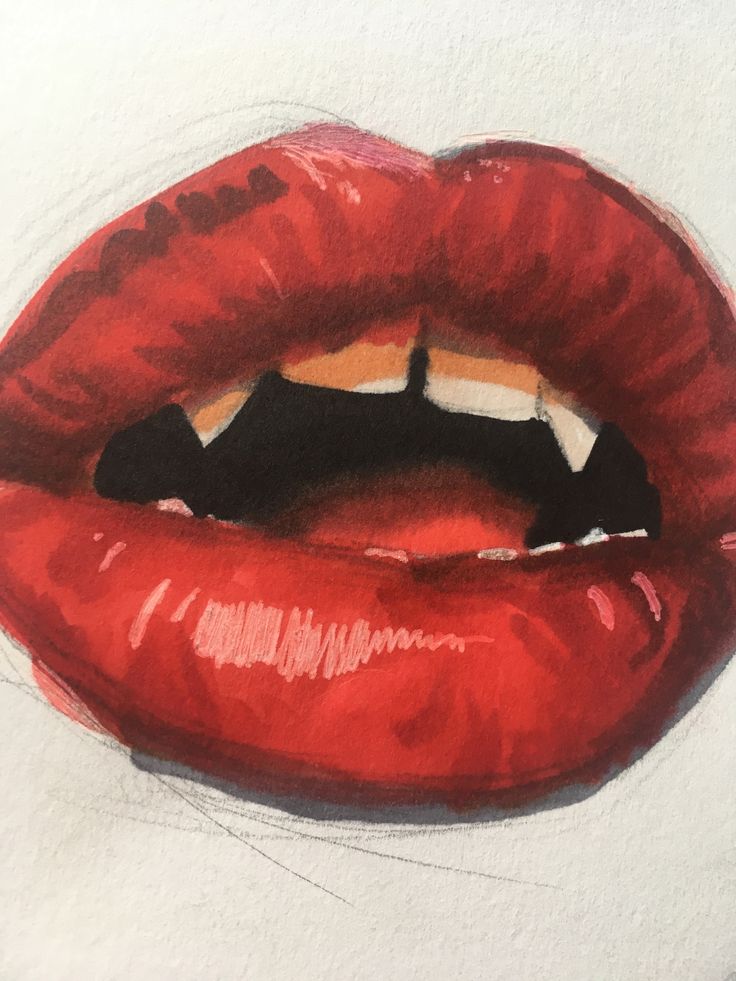 a pencil drawing of a red lip with a bat sticking out of it