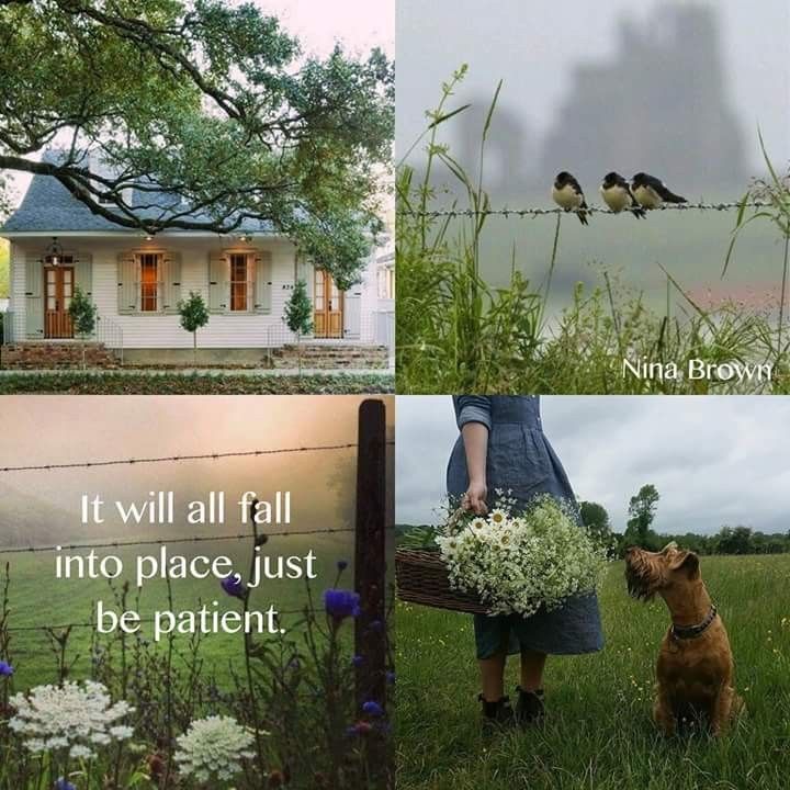 there is a woman standing in the grass with flowers and birds on her head, next to a fence that says it will all fall into place just be patient