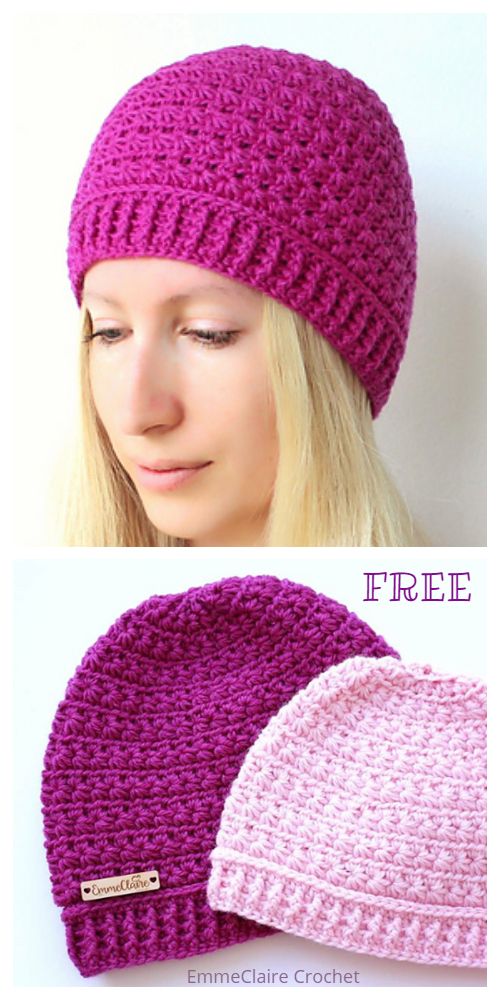 two photos of a woman wearing a crocheted hat and beanie with the same pattern