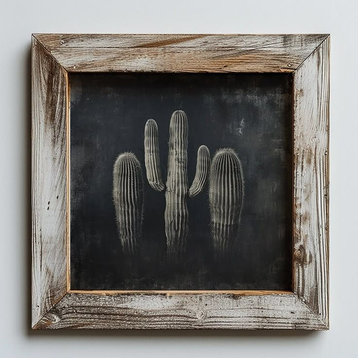 an old wooden frame with chalk drawing of three cactuses