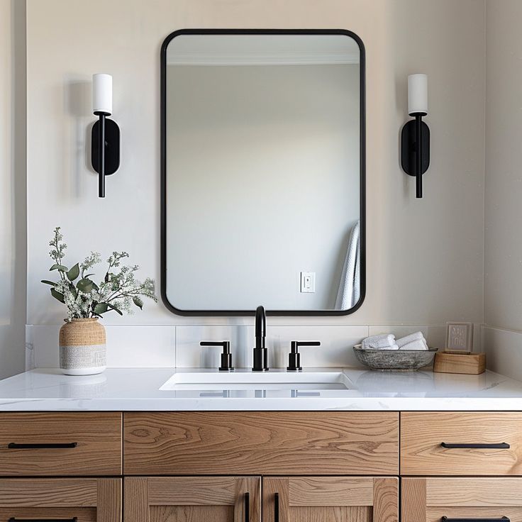 a bathroom sink with a large mirror above it