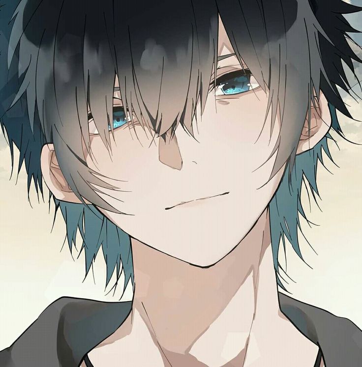 an anime boy with blue eyes and black hair is looking at the camera while wearing a jacket