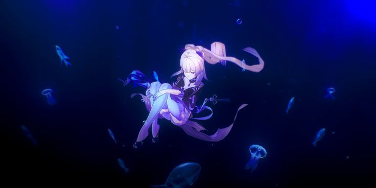 an animated image of a woman floating in the water with jelly fish around her and blue lights behind her