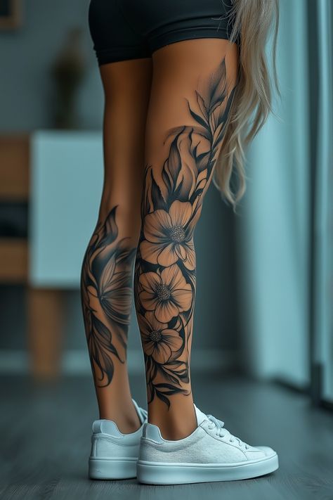 a woman's legs with flowers on them